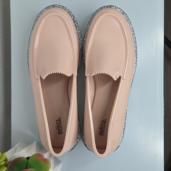Melissa Blush Silver Glitter Platform Jelly Loafers Size 8 - Picture 5 of 12
